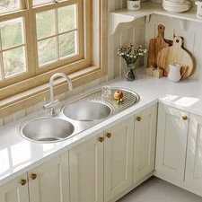 Naiture Oval Drop-In Stainless Steel Kitchen Sink, Double Bowls with Drainboard