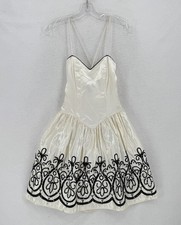 Jessica McClintock Gunne Sax Ivory Satin Black Sequin Fit Flare Dress Sz 5/6