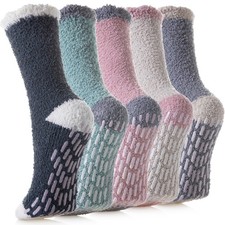 Non Slip Fuzzy Socks with Grips - Women's Hospital Slipper Socks 5 Pairs Mul...
