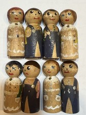 Vintage Handmade Wooden Peg Doll Family Set of 8 Folk Art Painted Figures