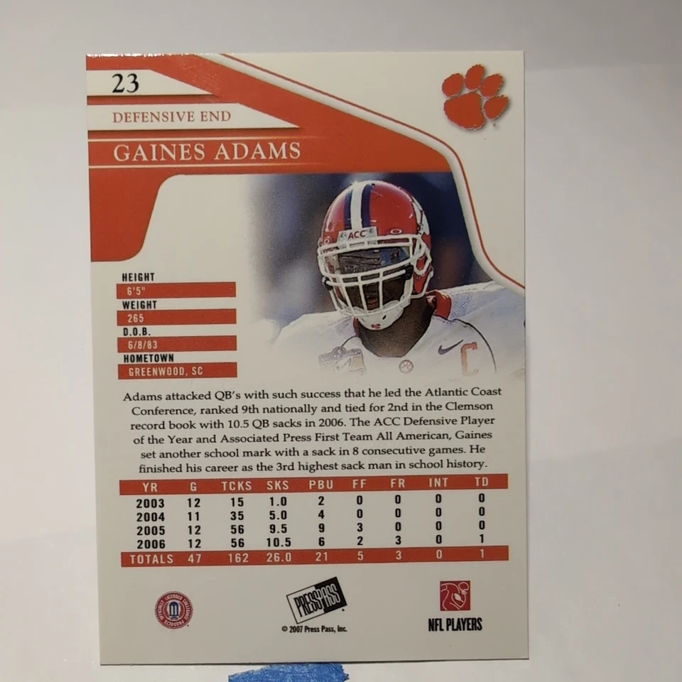 2007 Press Pass Gaines Adams #23  - Image 2 of 4