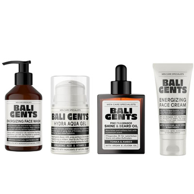 BALI 4-teiliges Männer Skincare Set: Face Wash, Cream, Gel & Beard Oil Pflege...