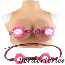 Breast Binder Silicone Lips Nipple Cover with Wearable Leather BDSM Bra Chest