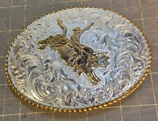Vintage Large Crumrine Bull Riding Rodeo Western Belt Buckle 4.5x3.5" Mexico  d