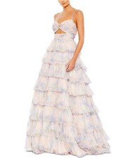 Mac Duggal Womens Cut Out Tiered Ruffled Gown Dress, Blue, 2