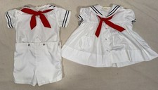 Vintage Boy Girl Sailor Outfit Nautical Set Size White Dress Red Bow Doll Twin
