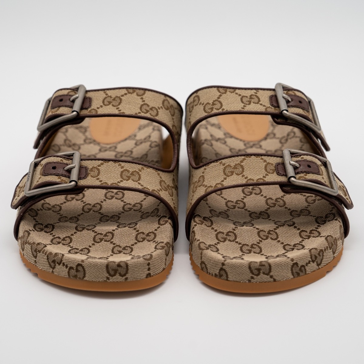 size 11G 11.5 US Gucci GG Canvas Slide Sandals Straps Beige Ebony