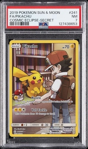 2019 POKEMON SUN & MOON COSMIC ECLIPSE SECRET #241 FULL ART/PIKACHU PSA 7