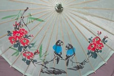 Vintage Asian Hand Painted Silk Perisol Umbrella With Bamboo Handle Geisha Girl