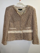 Jones New York Woman Size 8 Brown Snap Blazer Metallic Jacket Beige Tweed