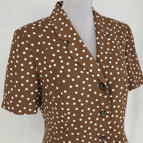 Le Suit Jacket Womens 14 Brown White Polka Dot Lined Blazer Buttons Career - Picture 6 of 13