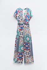 Zara Women Jumpsuit Size S Printed Multicolor Wide Leg Satin effect 3013/165 NWT