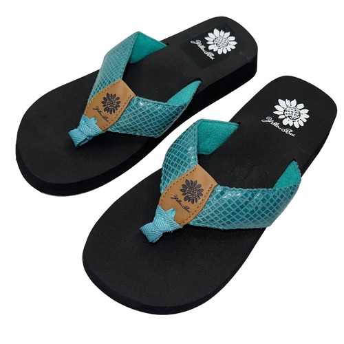 Yellow Box Flip Flops Teal Shiny Snakeskin Embossed Shimmer Wedge Sandal Faya - Picture 3 of 22