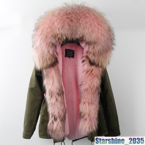 Chic Women Large Real Fur Collar Hood Coat Warm Jackets Short Parka Furry Winter - Picture 17 of 41