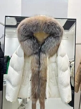 Women's Jacket 90% White Duck Down Hooded Warm Jacket Real Fox Fur Collar Coat