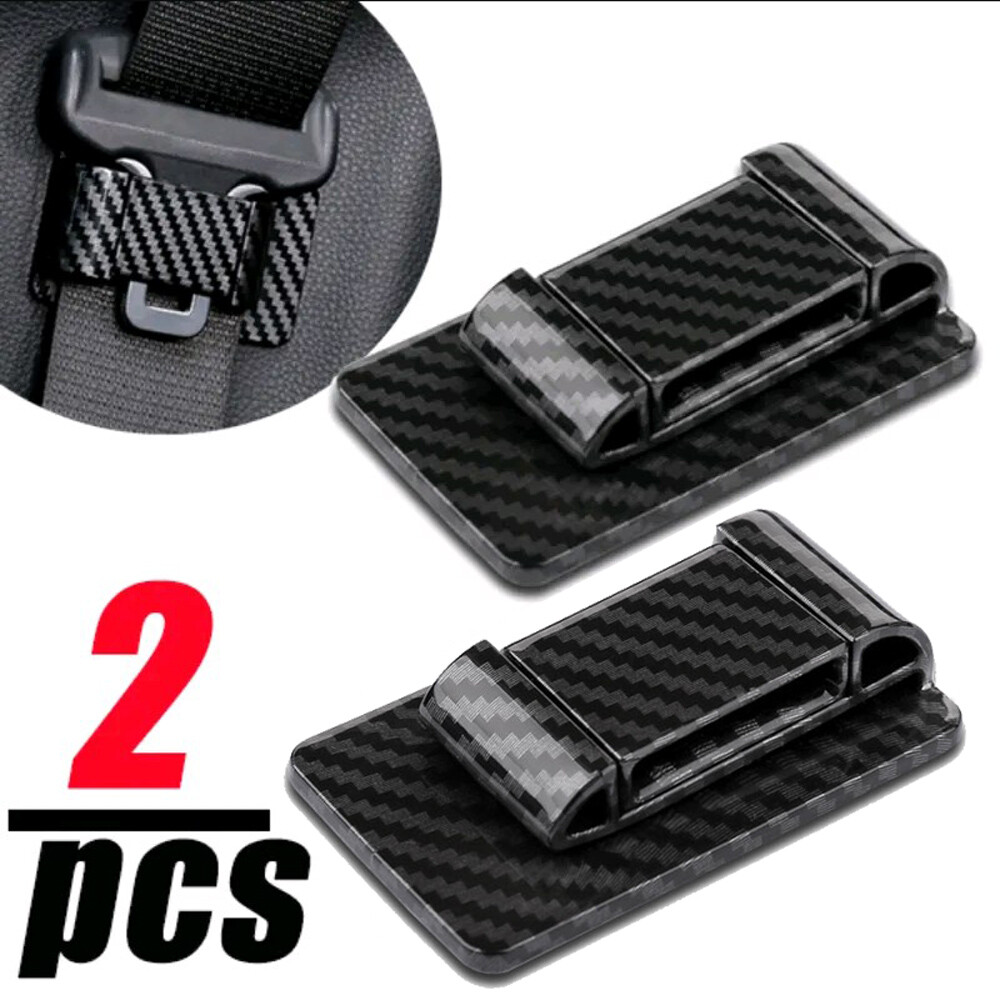 2-Pack Black Carbon Fiber Car Seat Belt Holder Clip Stabilizer