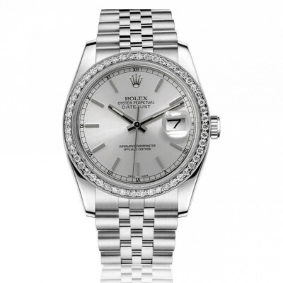 Rolex Datejust 36 mm Silver Index Dial Stainless Steel Watch Diamond Bezel