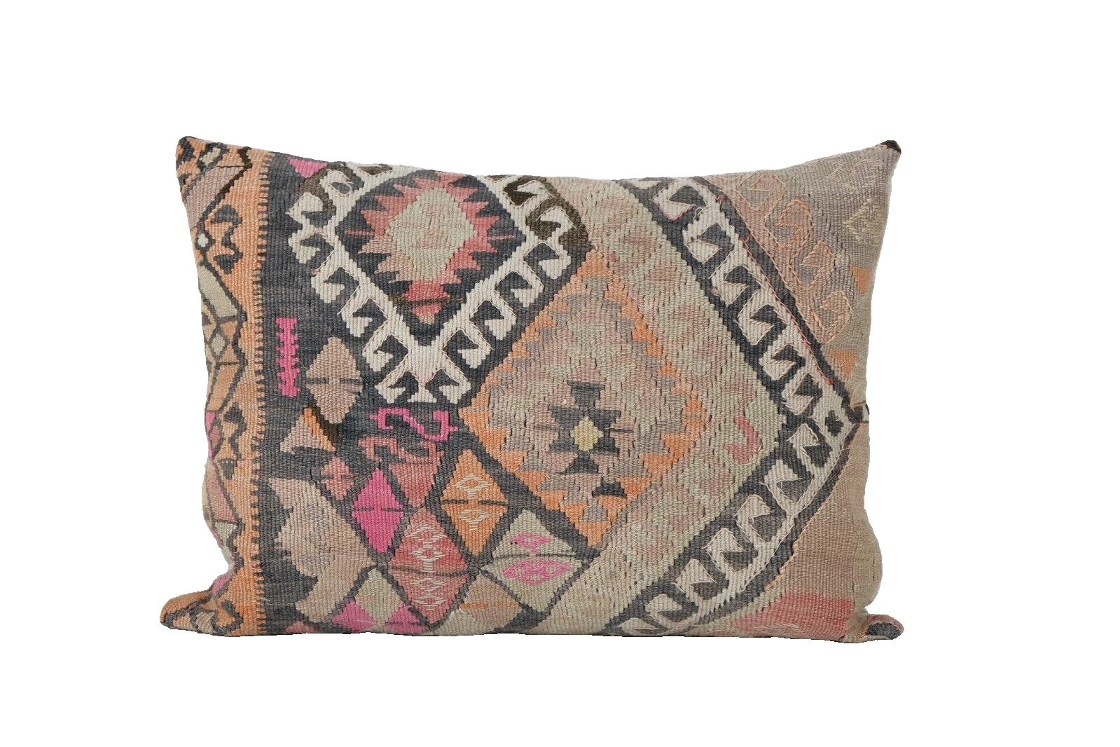 Vintage Turkish Kars Kilim Pillow Cover, Pink Tribal Design Anatolian Cushion