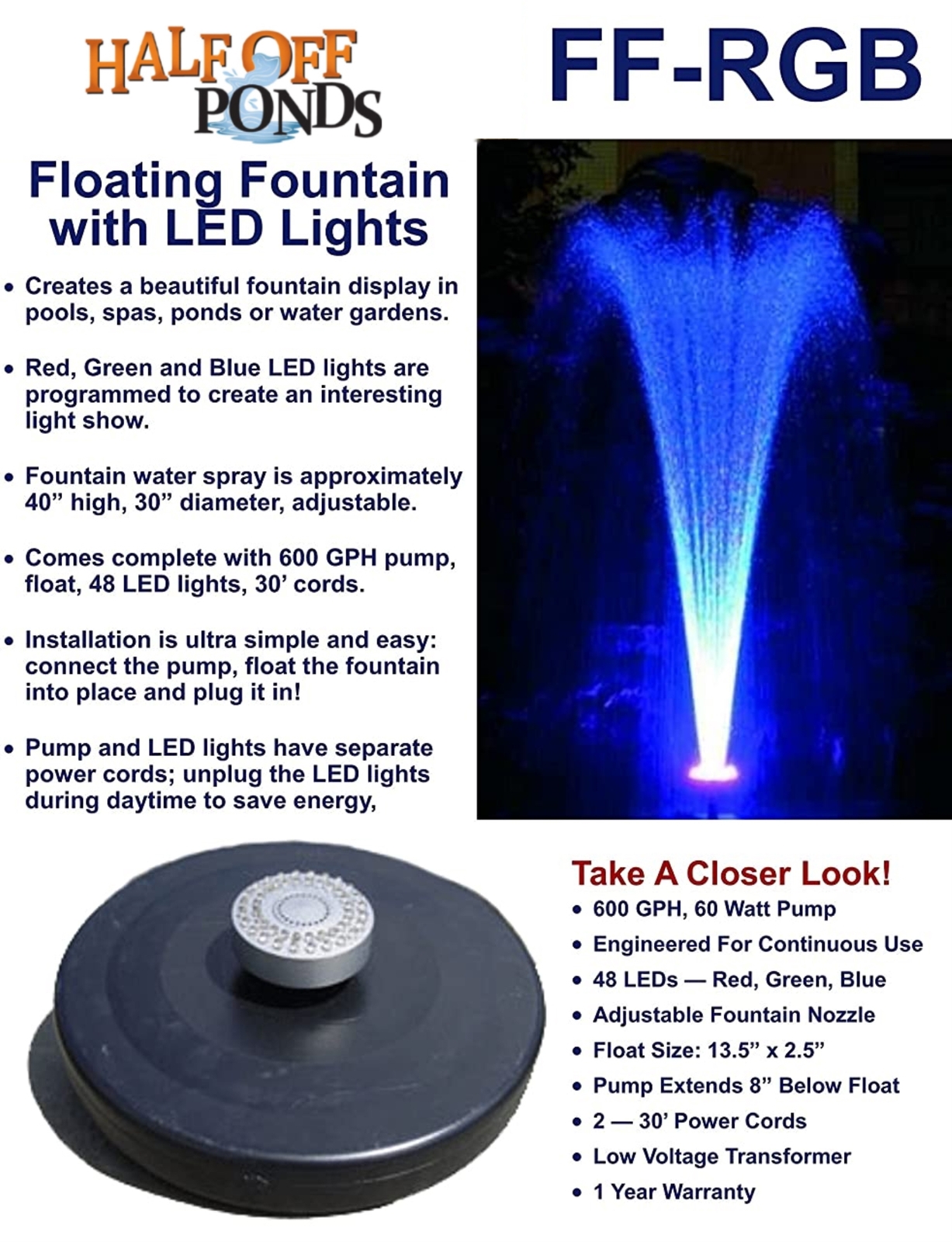 Small Color Changing Floating Fountain with LED Lights - Red, Green, Blue  600GPH 701160106846 | eBay