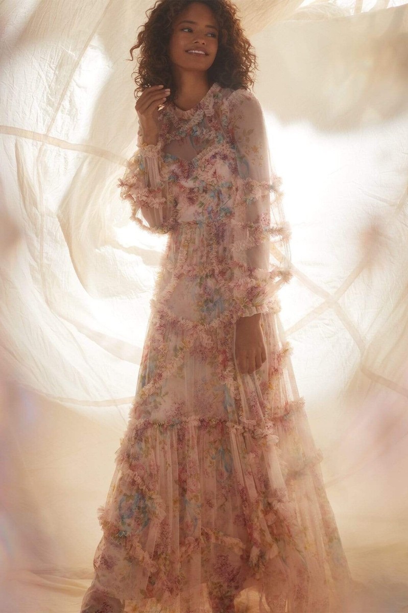 Needle & Thread Floral Diamond Ruffle Tulle Gown Maxi Topaz
