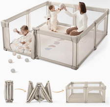 Foldable Baby Play Yard Playpen w/ Gate, Beige/Gray, Infant Toddler