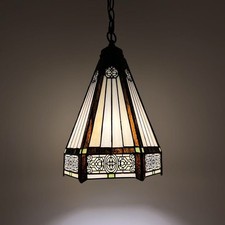 Tiffany Style Hanging Lighting Beige Brown Hexagon Stained Glass 10"W 10"D 60"H