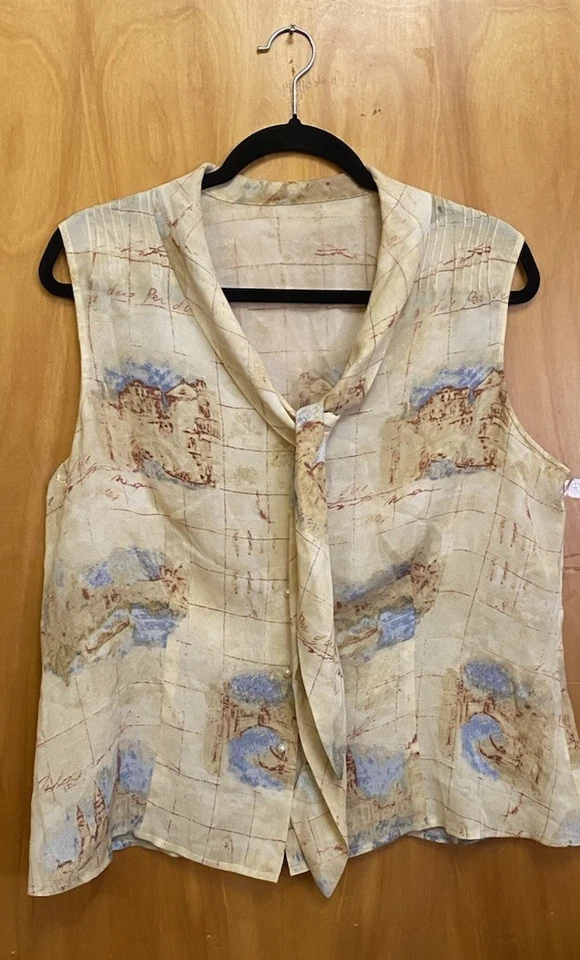 Vintage Due Per Due 100% Silk Sleeveless Top Beige Bow tie Neckline Top Size 16 - Image 3 of 4