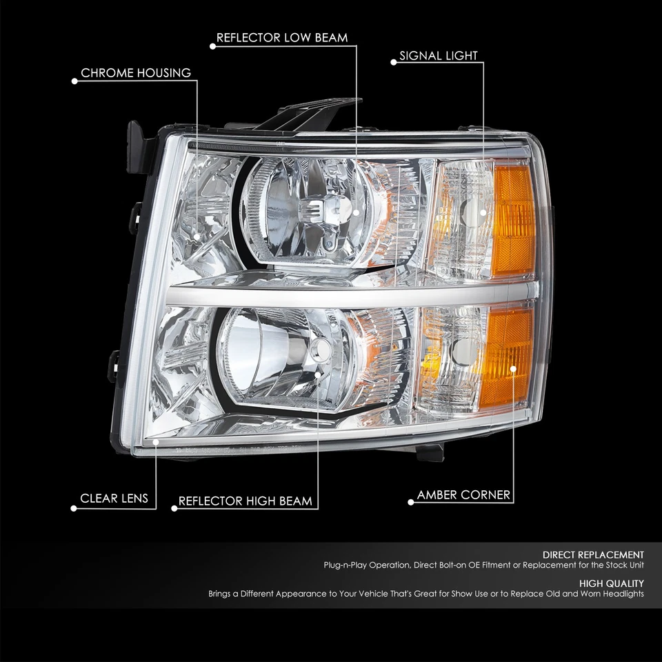 Lâmpada para farol Fit 07-14 Chevy Silverado 1500 2500 3500 HD carcaça cromada esquerda - Imagem 2 de 4