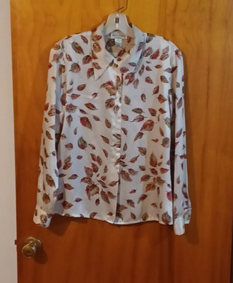 Off White Blouse Size 4, Green Red Leaves Design Pattern, Polyester, Rena Rowan