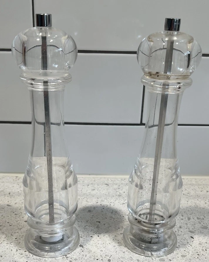 William Sonoma Salt & Pepper Grinders Clear Acrylic 9.5” Set Of 2 Made In Italy