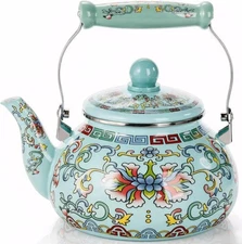Floral Enamel Teapot with Ceramic Handle Steel Enamel Kettle Coffee Teapot