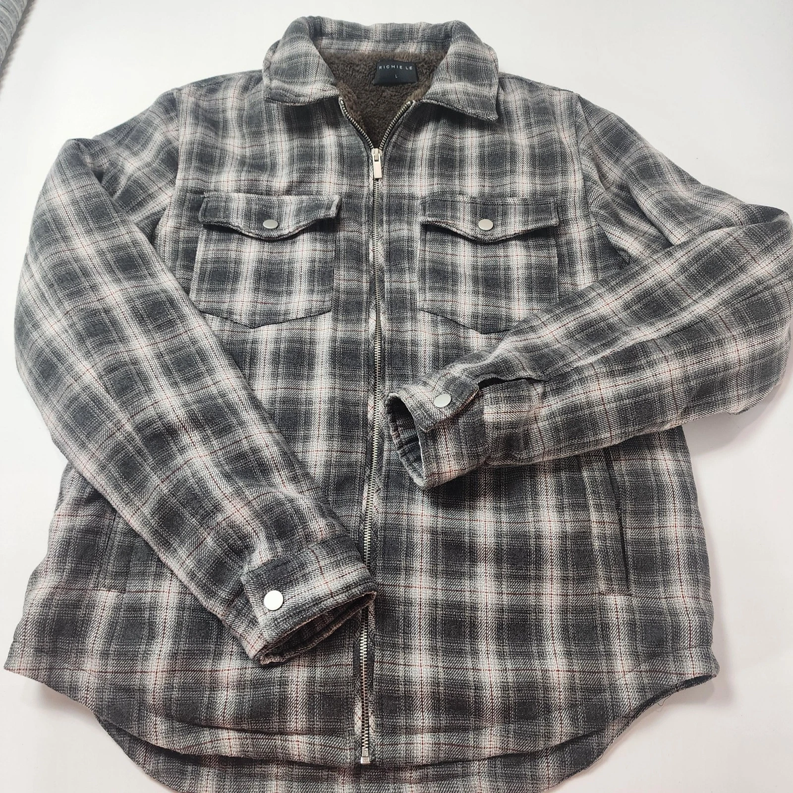 Richie Le Jacket Mens Large Gray Black Plaid Flannel Sherpa Lined Zip Shacket