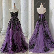 New Purple Tulle Black Lace Applique A Line Long Formal Women Dresses Customized