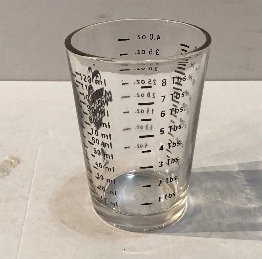 Taza medidora pequeña de vidrio artesanal de cocina - ml, cucharadita tbsp, fl. oz. Vintage Foto 3 de 4