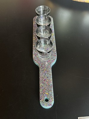 4pc Clear Glass Shot Glasses Set w/ Handle & Glitter Serving Paddle Tray
