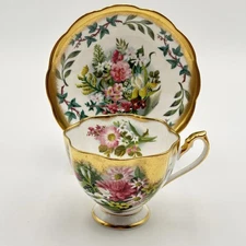 VTG Queen Anne Colourful Floral Foliage Cup And Saucer Signed Fedden Gold Footed