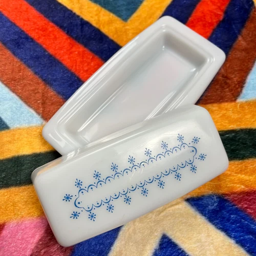 Vintage Pyrex Covered Butter Dish & Lid Blue & White Snowflake Garland 1972-75