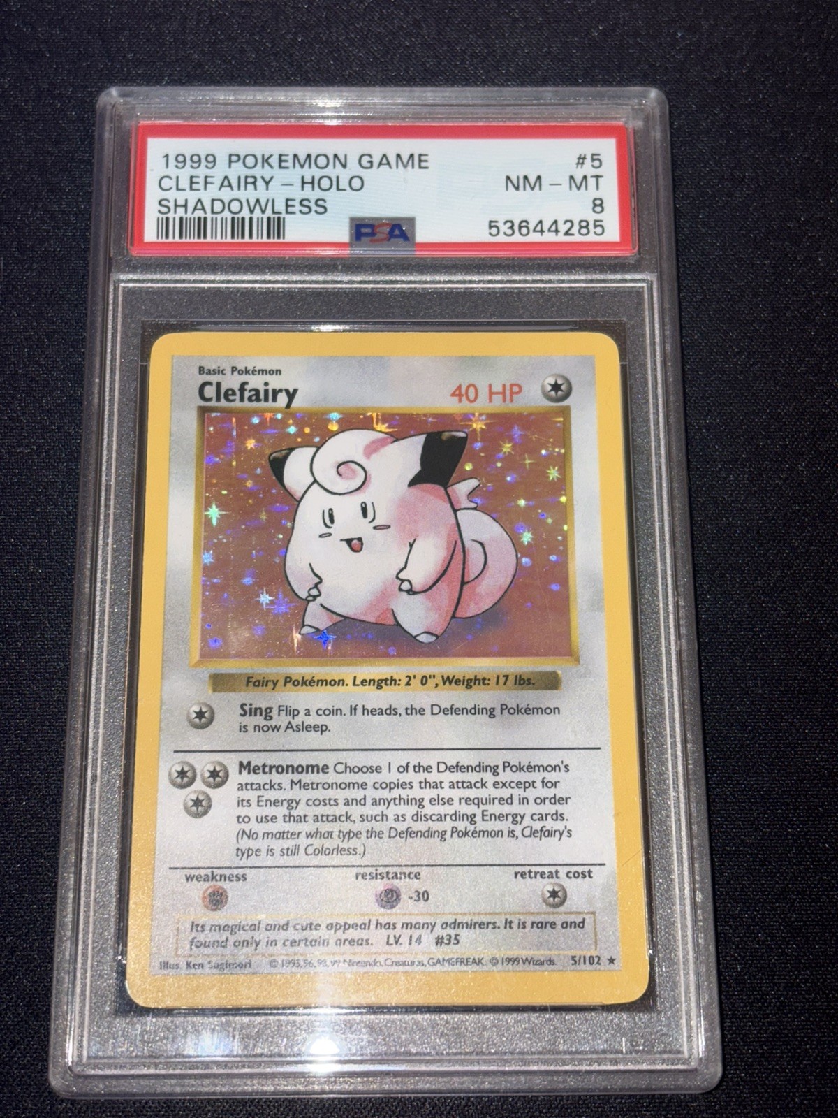 1999 Pokemon Clefairy Holo Shadowless Base Set Card #5 PSA 8