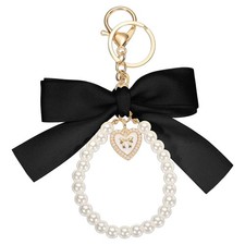 Ribbon Bow Keychain Pearl Wristlet Keychain Heart Pendant, Black