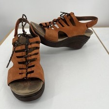 Bionica Women's Ghillie Sirus Wedge Leather Sandals Size 9.5 Orange Cognac