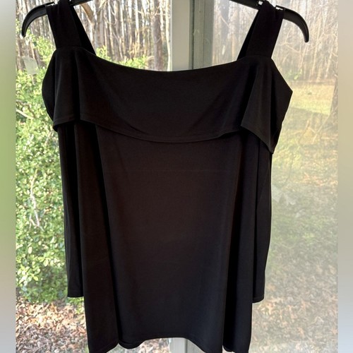 Susan Graver NWOT 2X Black “Liquid Knit” cold shoulder blouse 3/4 sleeve, dressy - Picture 5 of 8