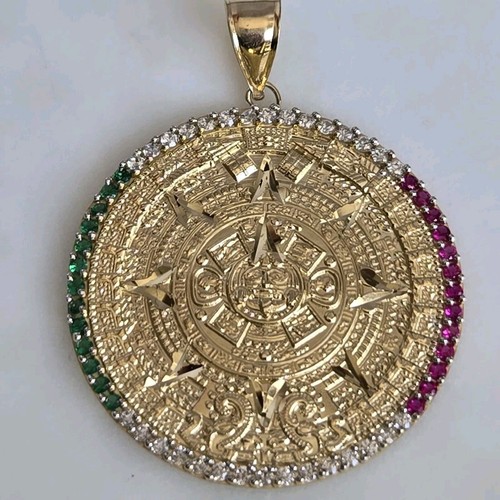 Solid Real 14k Yellow Gold Aztec sun calendar Pendant Charm - Picture 10 of 20