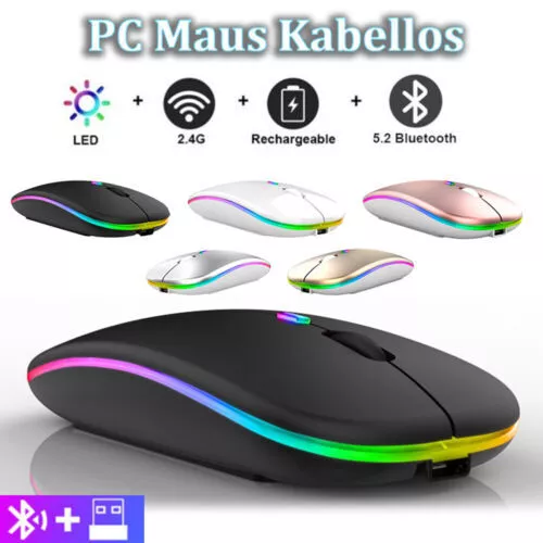 Schwarz PC Maus Kabellos Bluetooth & Funk für Computer-Laptop MAC Aufladbar LED - Bild 1 von 13