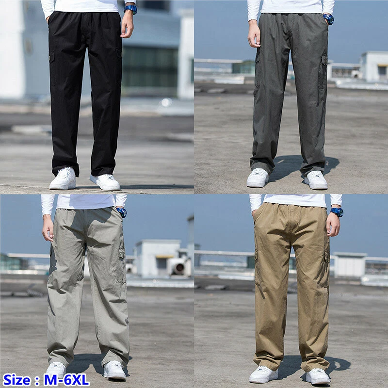 Mens Cotton Cargo Pockets Pants Loose Casual Trousers Straight Leg