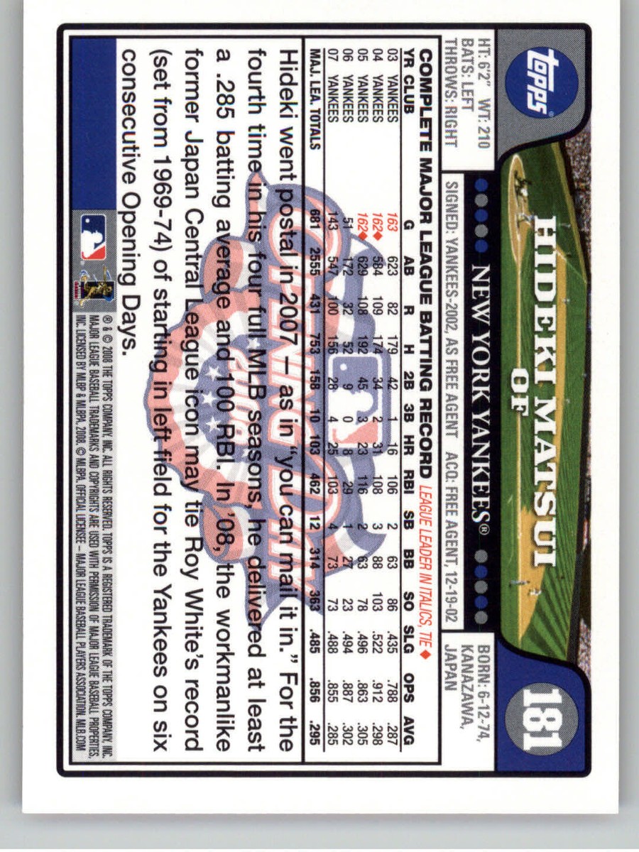 2008 Topps Opening Day #181 Hideki Matsui - New York Yankees | eBay