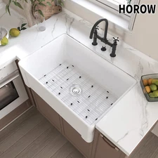 36'' 33"30" Kitchen Sink White Rectangular Ceramic Apron Farmhouse Sink Strainer