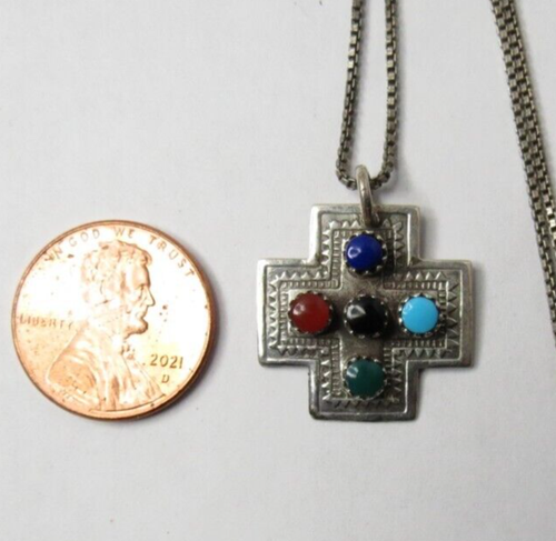 VINTAGE SILVER COLORFUL STONES CROSS NECKLACE PENDANT CHAIN 17.5" & CROSS 20MM, - Picture 4 of 4