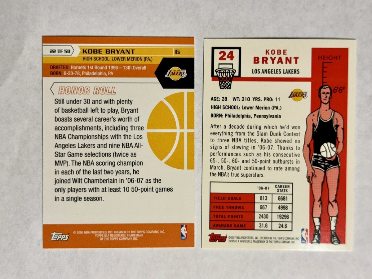 2 2007-08 Topps Kobe Bryant Cards 50th Anniversary #24 And