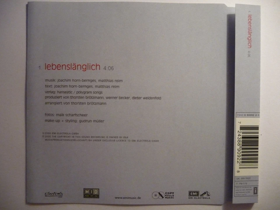 Matthias Reim Lebenslänglich 1 Track 5" Promo Maxi - CD 2000 ultra rar!!! - Bild 2 von 2