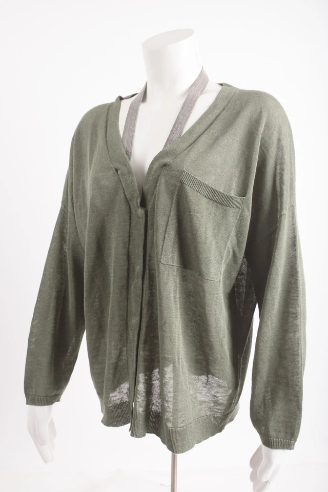 Brunello Cucinelli Mujer Cárdigan Verde Suéter Cuello Adornado M Lino Nuevo con Etiquetas Foto 3 de 4